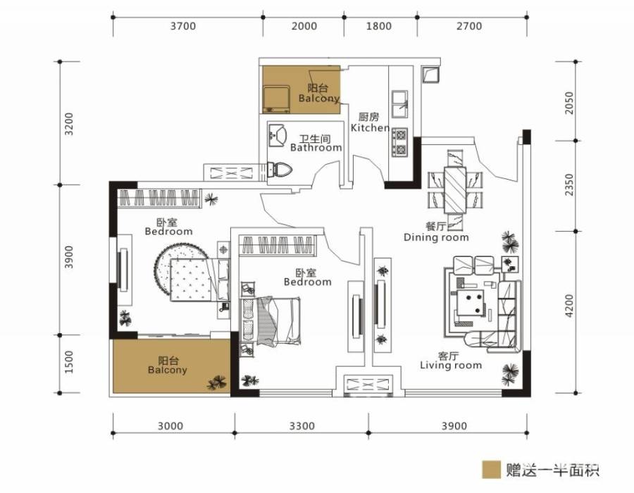 仁安龙城国际一期2室2厅1卫65.6㎡户型图