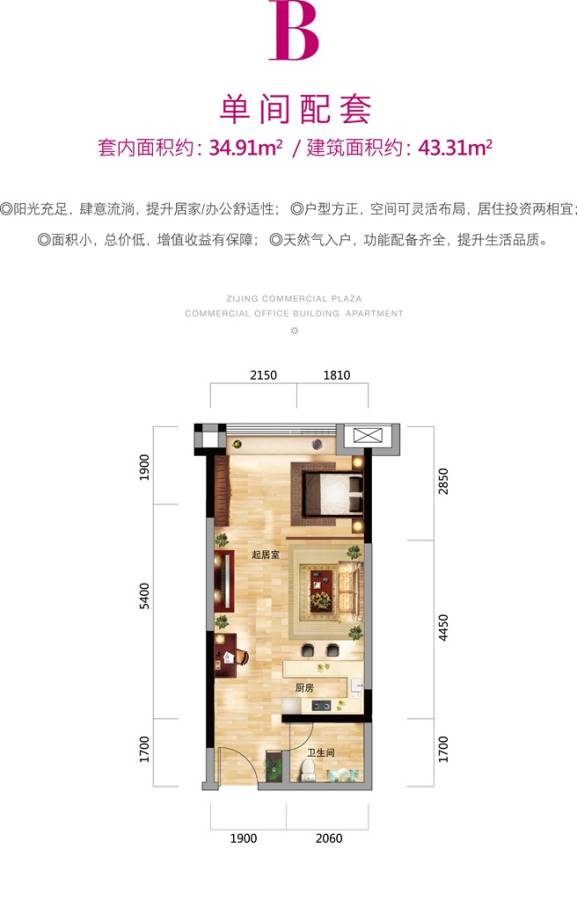 紫荆商业广场1室1厅1卫43.3㎡户型图