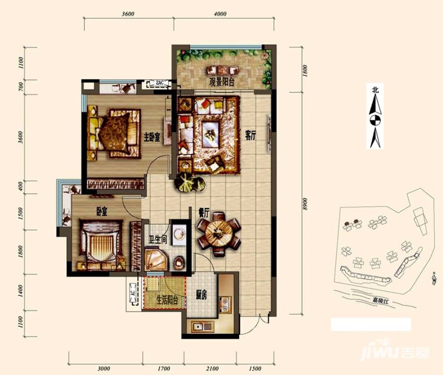 财信北岸江山3室2厅2卫120㎡户型图