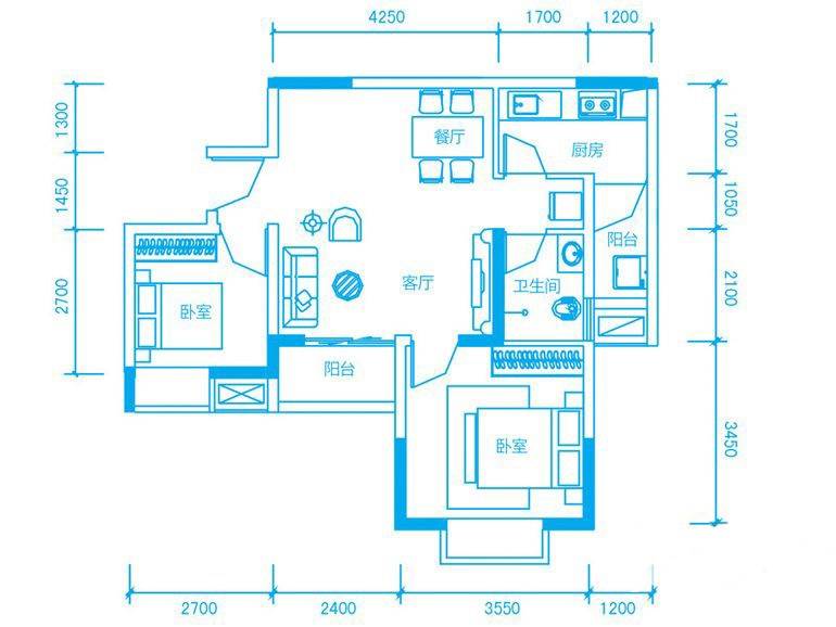 巴比亚半山2室2厅1卫64㎡户型图