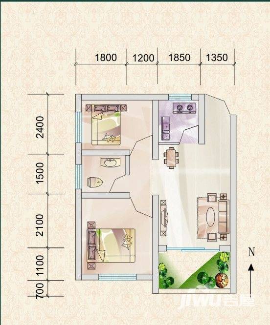 林海雲天戶型圖 2室2廳1廚1衛 建面約57平米 57㎡