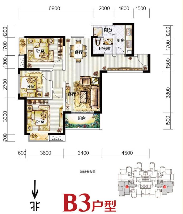 泽科3号线3室2厅1卫94㎡户型图