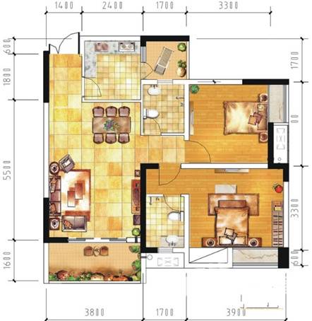 立邦香语湖2室2厅1卫65.5㎡户型图