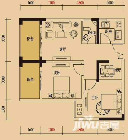 香山美地2室2厅1卫51㎡户型图