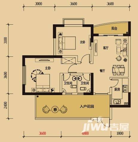 香山美地2室2厅2卫67.3㎡户型图