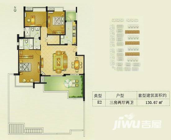 科苑华庭3室2厅2卫130.7㎡户型图