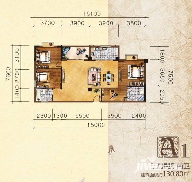 英华东方河畔3室2厅2卫130.8㎡户型图