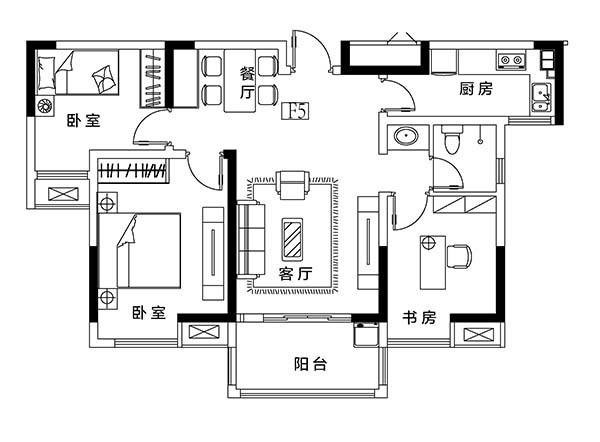 万达广场荣寓3室2厅1卫95㎡户型图