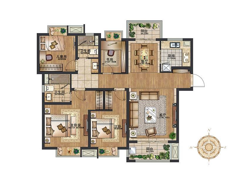 禹洲吉庆里4室2厅2卫128㎡户型图