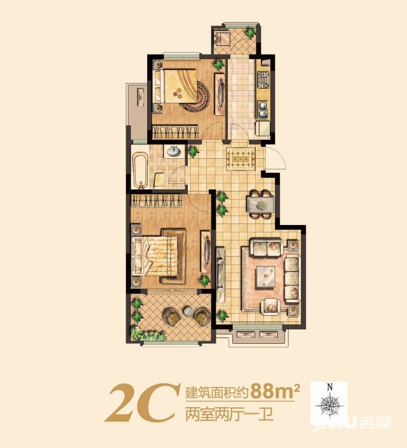 滨江雅园（北外滩水城）2室2厅1卫88㎡户型图