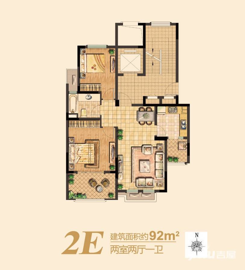 滨江雅园（北外滩水城）2室2厅1卫92㎡户型图