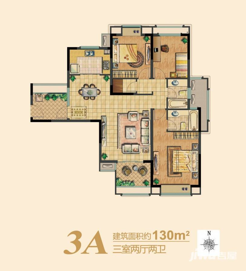 滨江雅园（北外滩水城）3室2厅2卫130㎡户型图