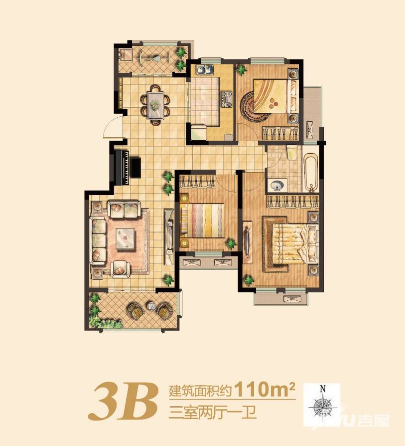 滨江雅园（北外滩水城）3室2厅1卫110㎡户型图