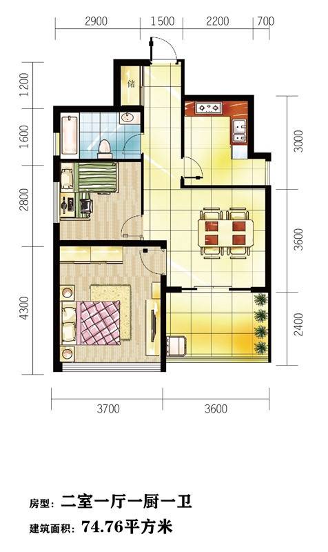 同曦青春水岸2室1厅1卫74.8㎡户型图