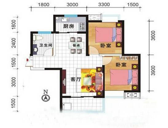 同曦青春水岸2室2厅1卫户型图