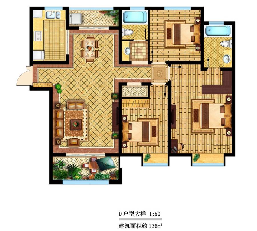 弘阳旭日上城3室2厅3卫136㎡户型图