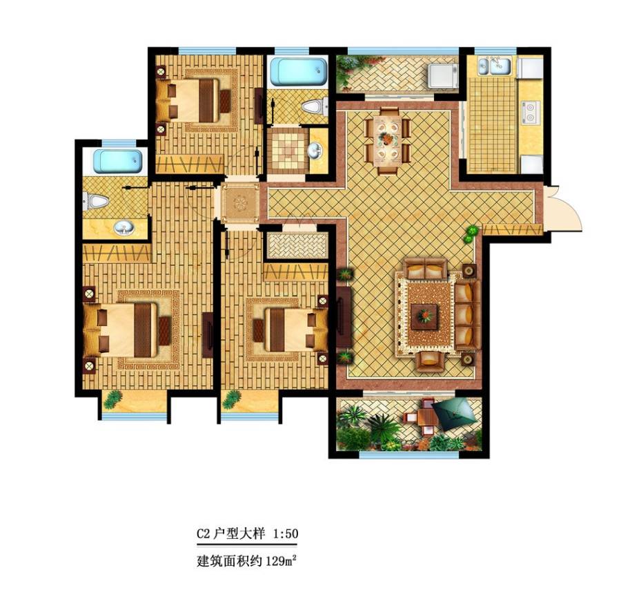 弘阳旭日上城3室2厅2卫129㎡户型图