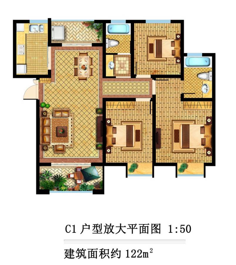 弘阳旭日上城3室2厅2卫122㎡户型图