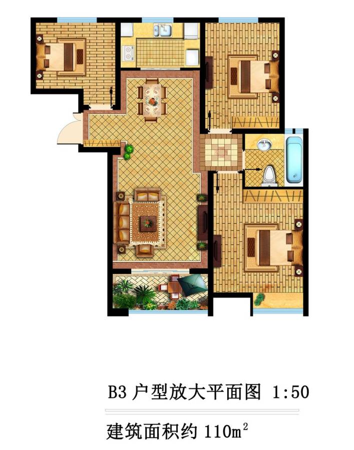 弘阳旭日上城3室2厅1卫110㎡户型图