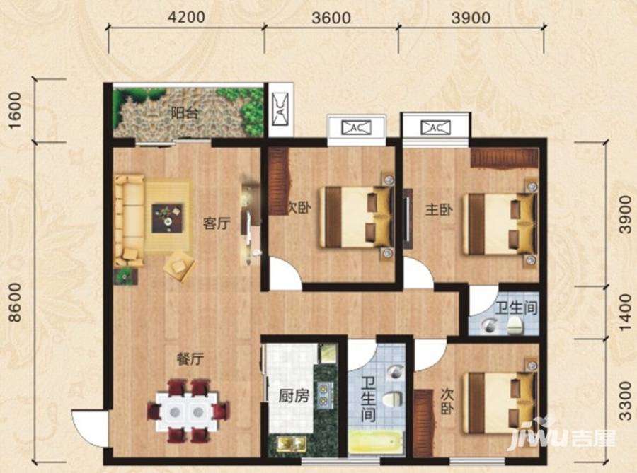 启瑞天城3室2厅1卫125㎡户型图