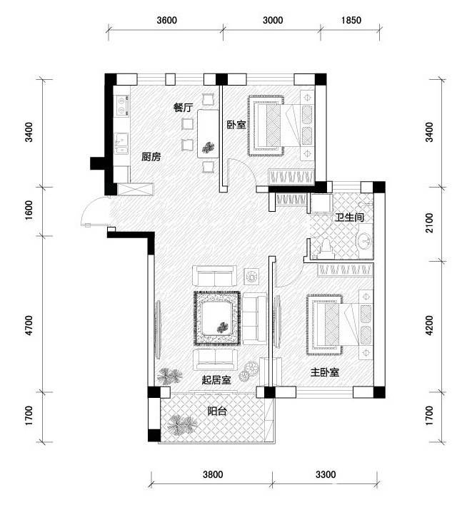 远洋假日养生庄园2室2厅1卫89㎡户型图