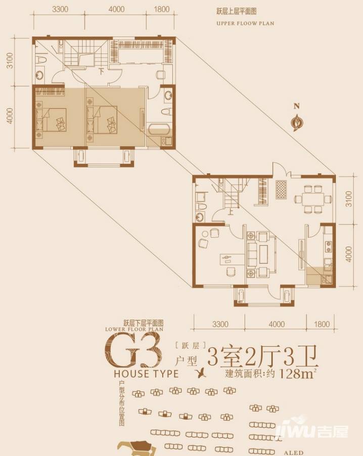 保利西山林语3室2厅3卫128㎡户型图