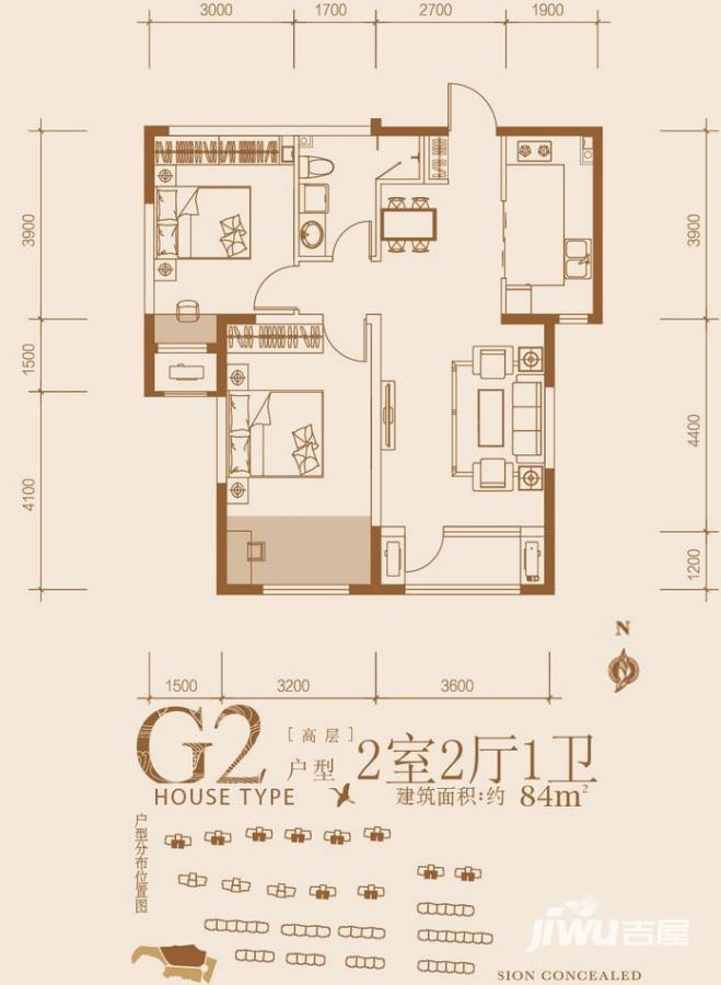 保利西山林语2室2厅1卫84㎡户型图