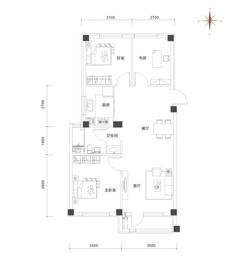 国民院子3室2厅1卫90㎡户型图