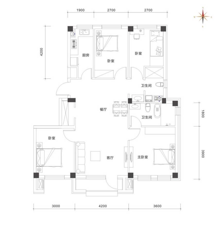 国民院子4室2厅3卫120㎡户型图