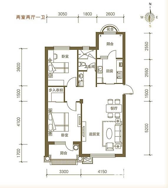 易和岭秀滨城2室2厅1卫户型图