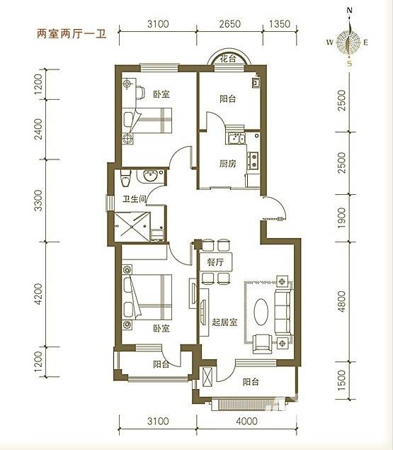 易和岭秀滨城2室2厅1卫户型图