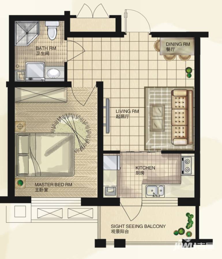 金地华府1室1厅1卫55.6㎡户型图