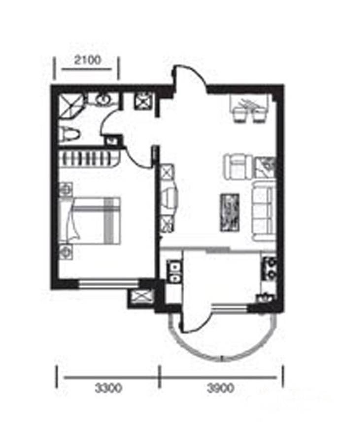 香洲心城三期1室1厅1卫60㎡户型图