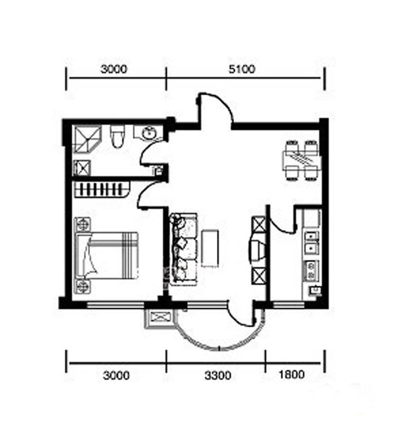 香洲心城三期1室1厅1卫58㎡户型图