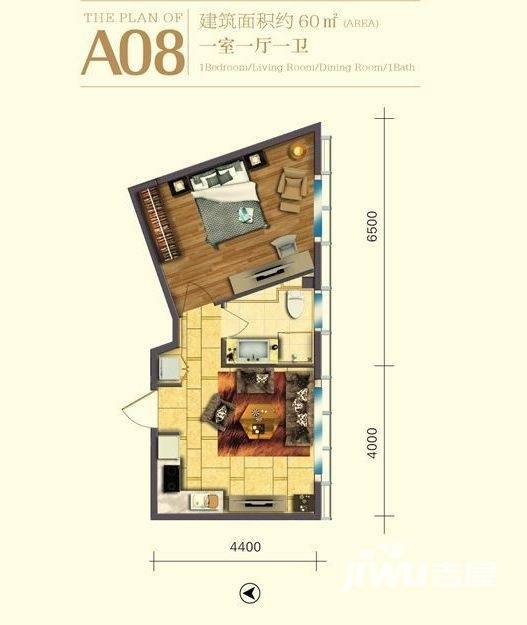 金地云锦1室1厅1卫60㎡户型图