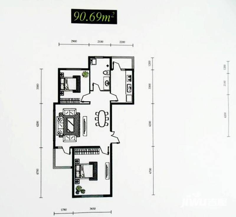 西郊闲庭普通住宅90.7㎡户型图