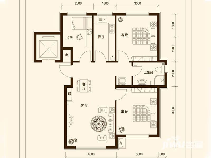 鼎盛佳苑3室2厅1卫95㎡户型图