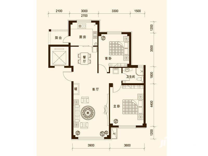 鼎盛佳苑2室2厅1卫97㎡户型图