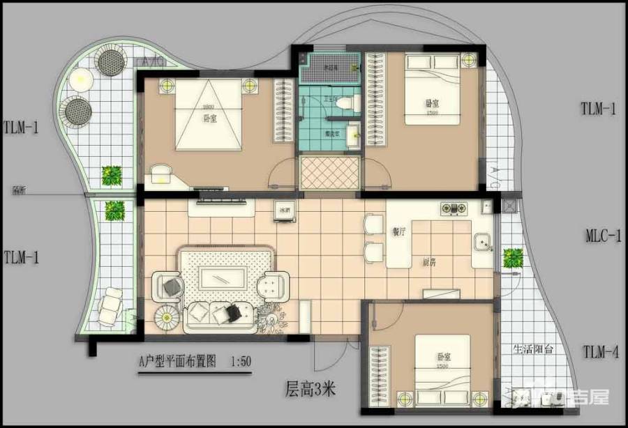 永秀国际3室1厅1卫116㎡户型图