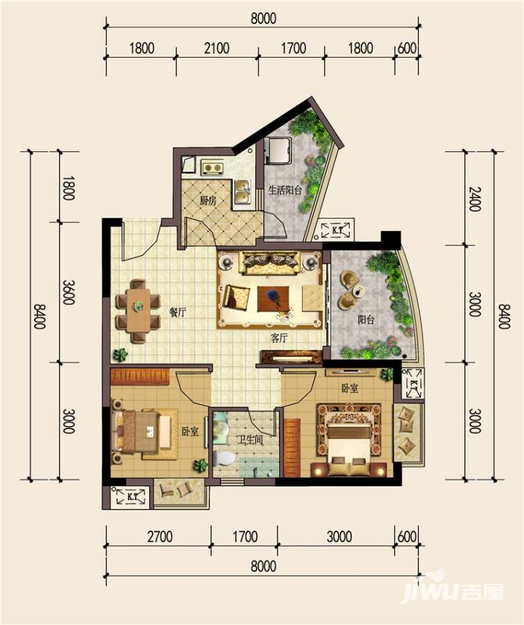 重庆城普通住宅63.7㎡户型图