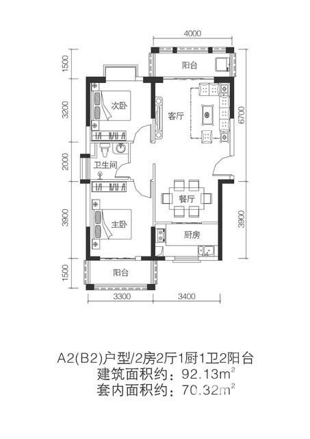 环岛家园普通住宅92.1㎡户型图