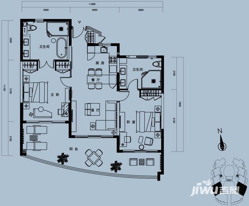 中海神州半岛2室2厅2卫142.3㎡户型图