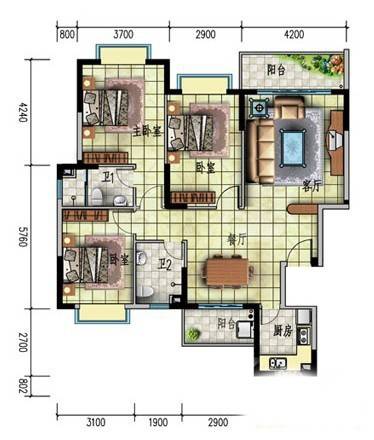 盈滨绿生花园3室2厅2卫122.9㎡户型图