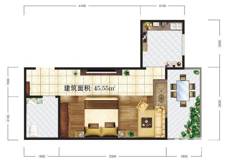 地恒美丽春天1室1厅1卫45.5㎡户型图