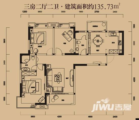 金环·御江苑3室2厅2卫135.7㎡户型图