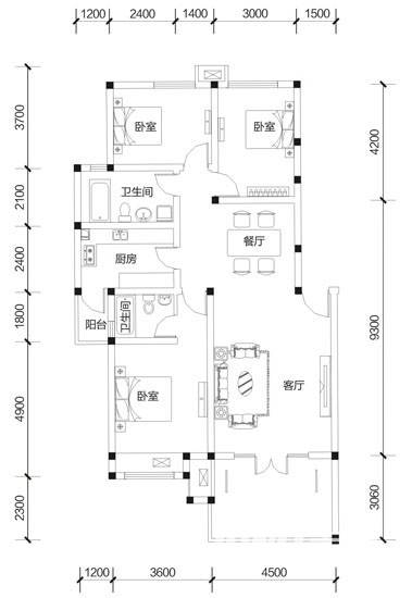 东湖国际花园望湖3室2厅2卫126.5㎡户型图