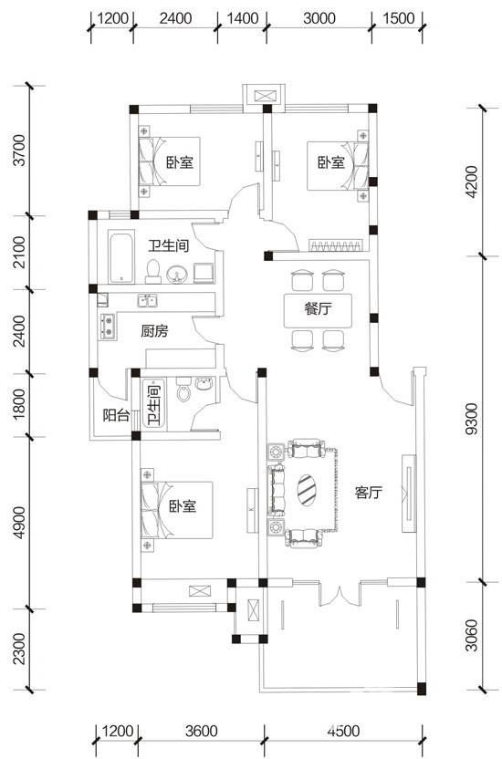 东湖国际花园望湖3室2厅2卫124.5㎡户型图