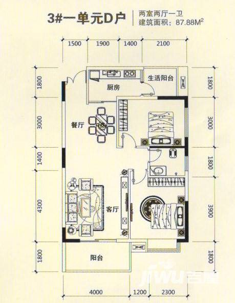 雍翠盈峰2室1厅1卫87.9㎡户型图