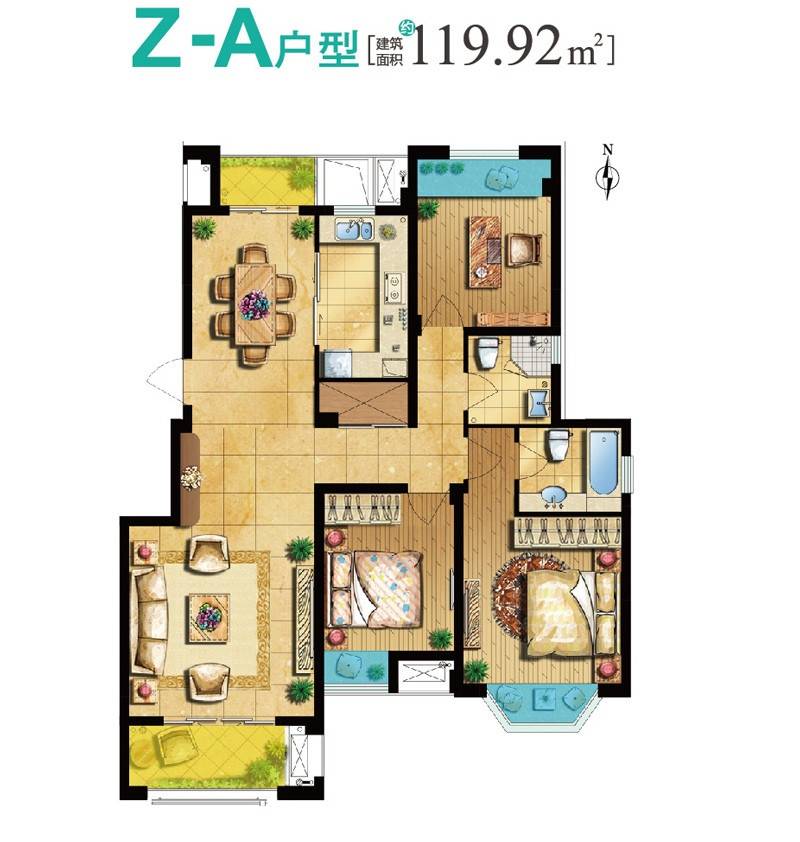 复地公园城邦3室2厅2卫119.9㎡户型图