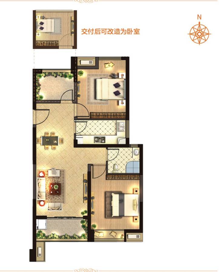 融创银城惠山国际社区2室2厅1卫88.9㎡户型图